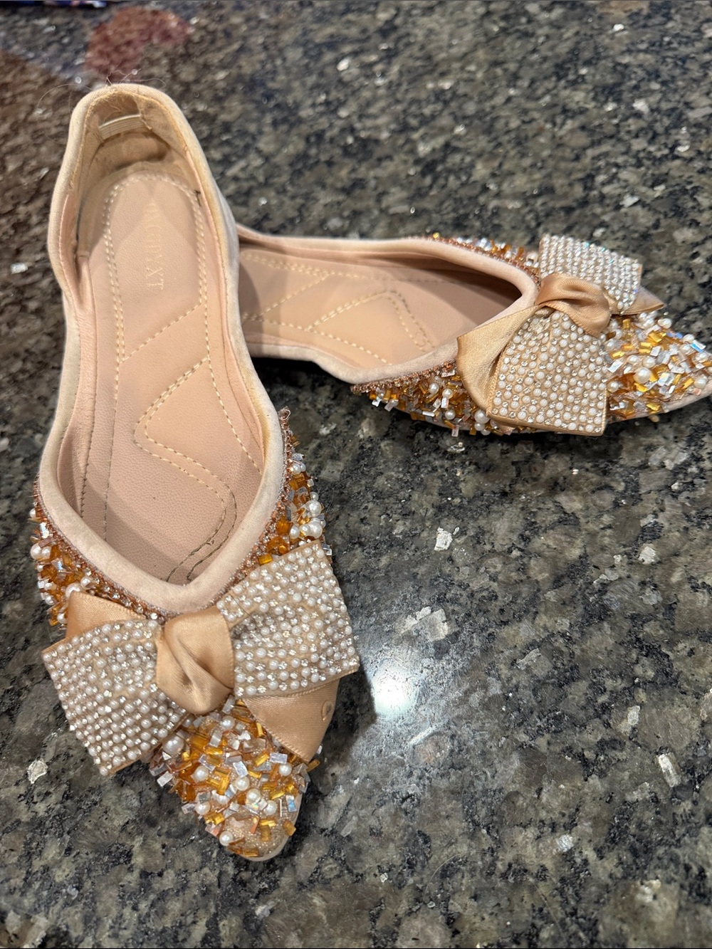 Embellished Bow Pointed Toe Flats - Nude/Pearl